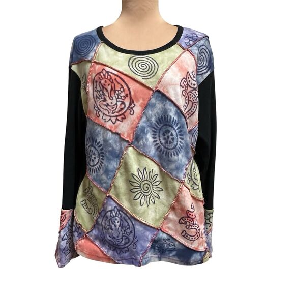 Tie Dye Boho Hippie Patchwork T Shirt Art To Wear Size L / XL Nepal Whimsy - Picture 1 of 10